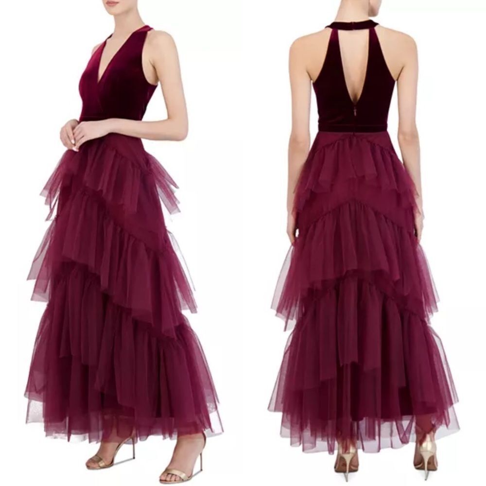 BCBGMAXAZRIA Size S Keyhole Back Velvet & Tiered Tulle Dress, Cabernet Burgundy